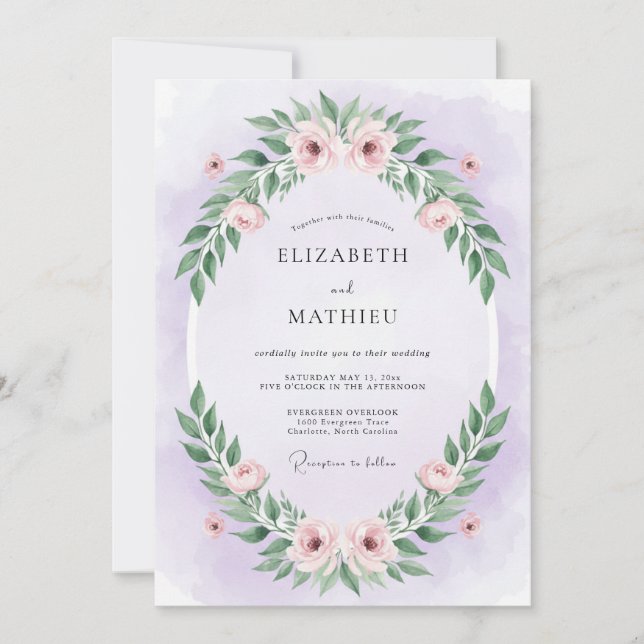 Invitation Mariage au eucalyptus au feuillage violet pastel (Devant)