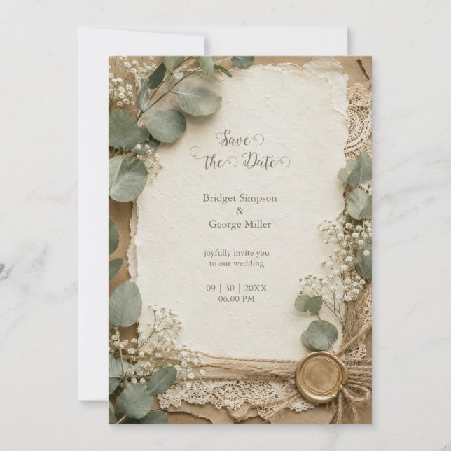 Invitation Mariage au Eucalyptus avec Cire et Dentelle Rustiq (Devant)