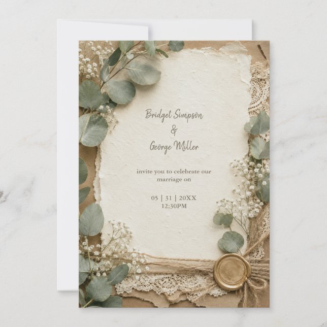 Invitation Mariage au Eucalyptus avec Cire et Dentelle Rustiq (Devant)