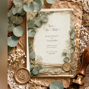 Invitation Mariage au Eucalyptus avec Cire et Dentelle Rustiq