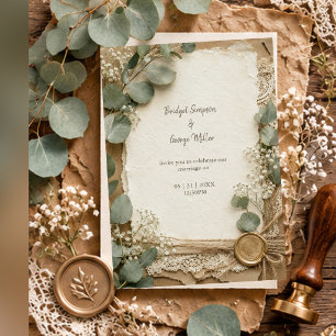 Invitation Mariage au Eucalyptus avec Cire et Dentelle Rustiq
