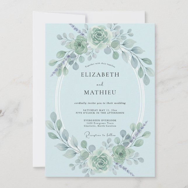 Invitation Mariage au eucalyptus azur poudre (Devant)