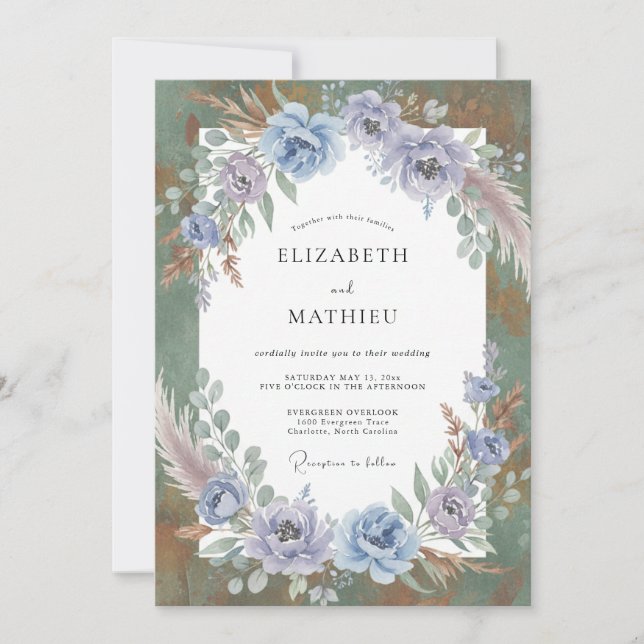 Invitation Mariage au eucalyptus des pampas bleu acier (Devant)