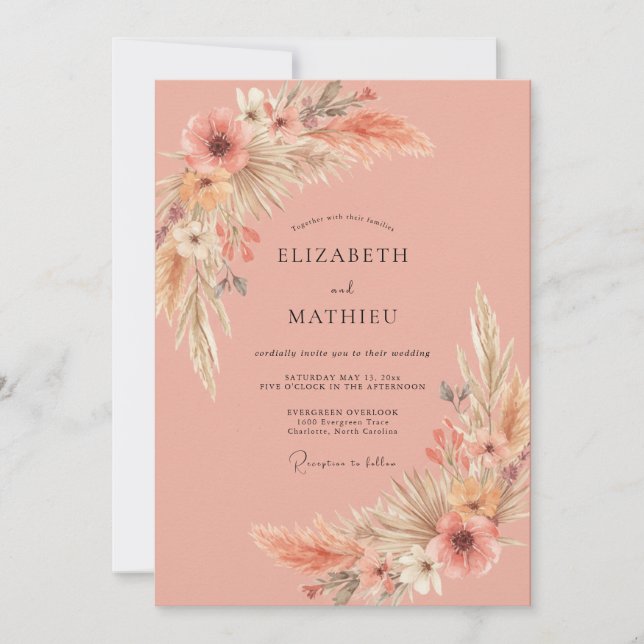 Invitation Mariage au eucalyptus des pampas corallien (Devant)