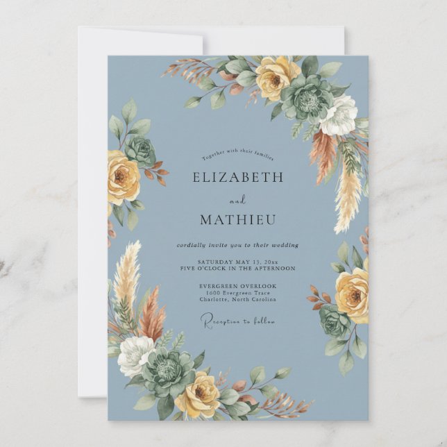 Invitation Mariage au eucalyptus des pampas or ardoise (Devant)