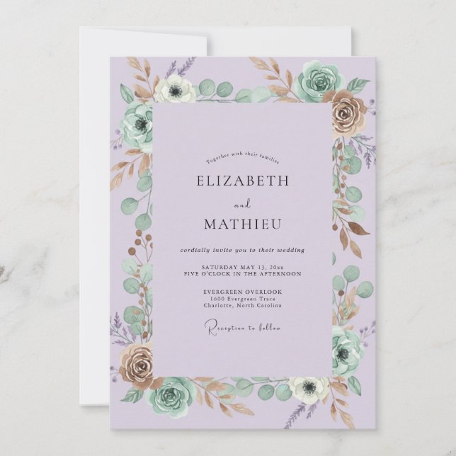 Invitation Mariage au eucalyptus et à l'anémone de couleur li (Devant)