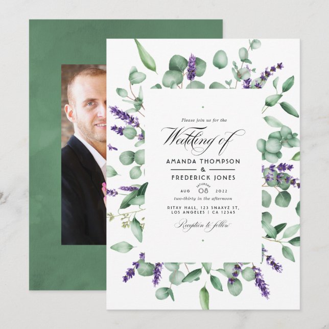 Invitation Mariage au eucalyptus et lavande (Devant / Derrière)