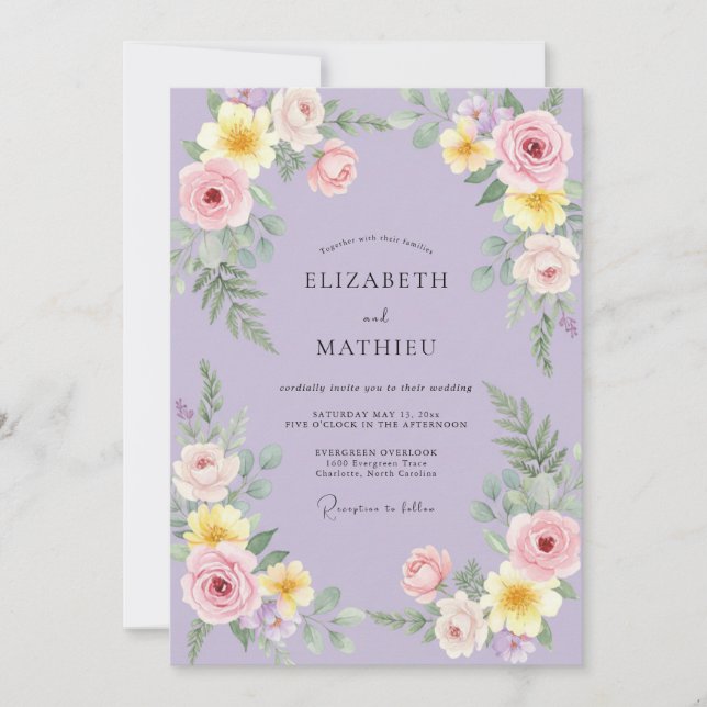 Invitation Mariage au eucalyptus et renoncule jaune lilas (Devant)