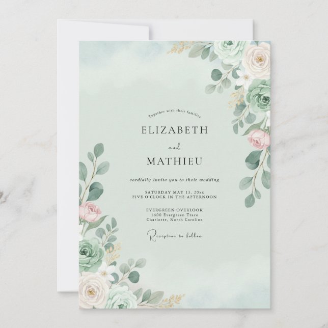 Invitation Mariage au Eucalyptus et Rose Tendre (Devant)