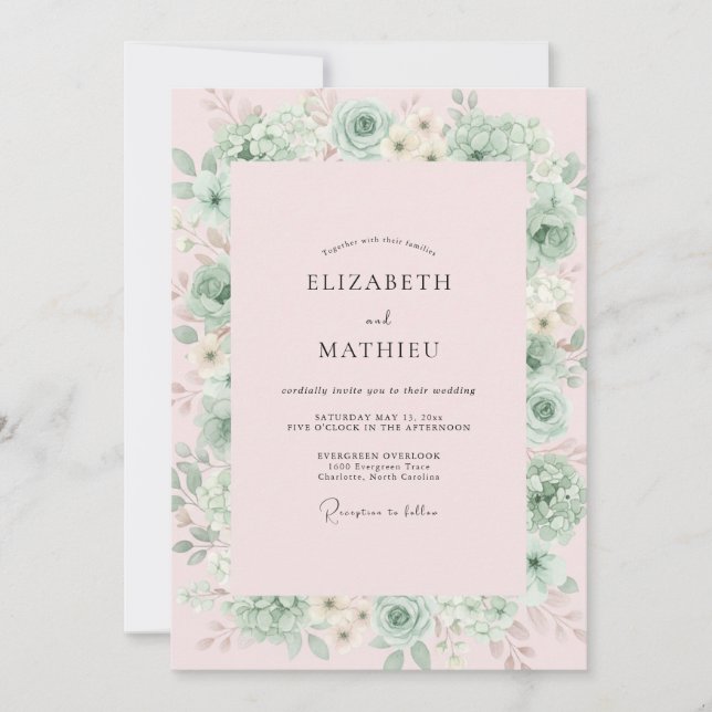 Invitation Mariage au eucalyptus et succulent Menthe Rose Pét (Devant)