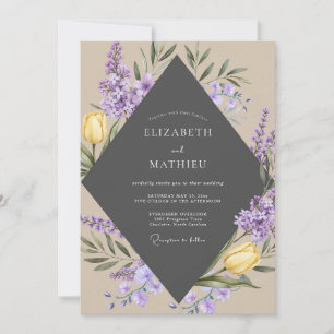 Invitation Mariage au eucalyptus et tulipe violet charbon