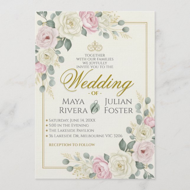 Invitation Mariage au Eucalyptus Rose et Vert Sauge (Devant)