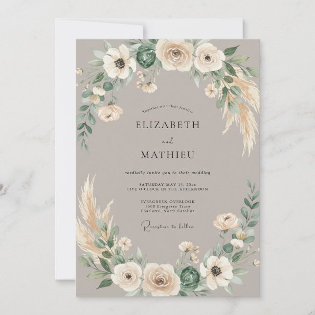 Invitation Mariage au eucalyptus séché Taupe Pampas (Devant)