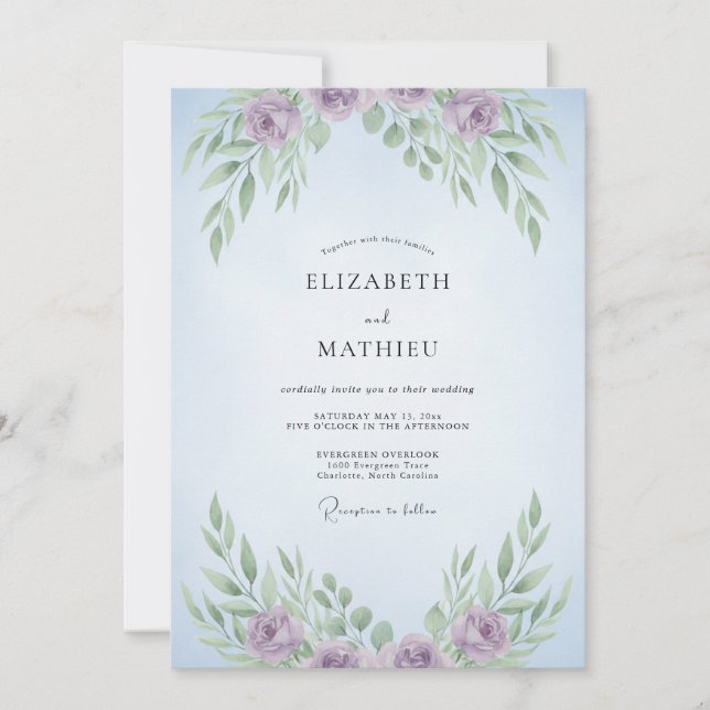 Invitation Mariage au eucalyptus sous un ciel lilas (Devant)