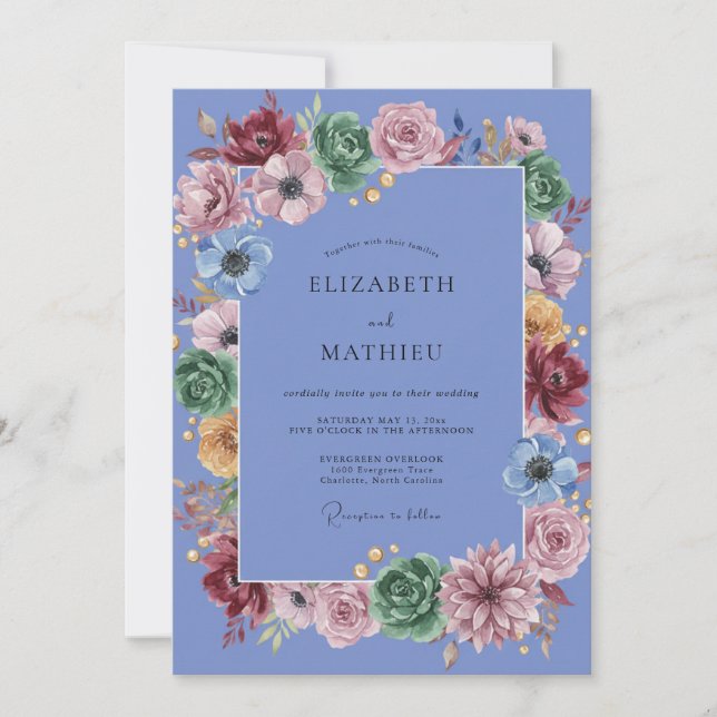 Invitation Mariage au eucalyptus succulent et pervenche (Devant)