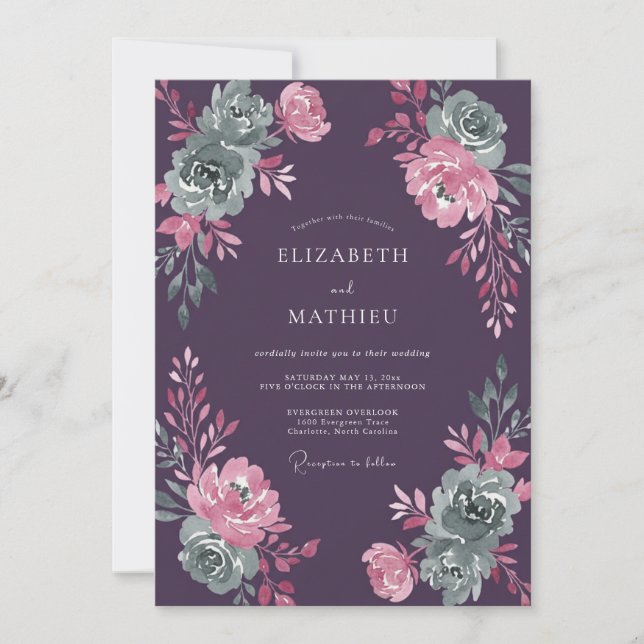 Invitation Mariage au eucalyptus succulent mauve prune (Devant)