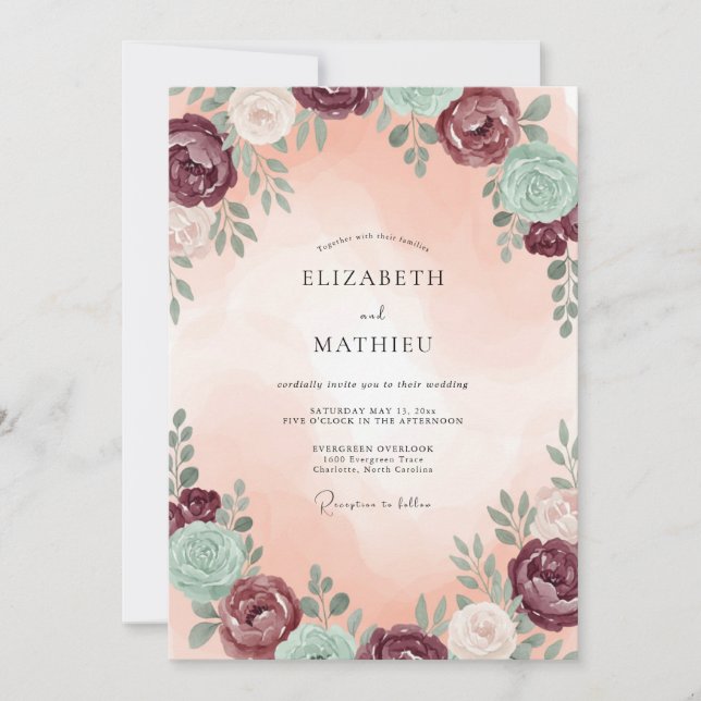 Invitation Mariage au eucalyptus succulent prune mer (Devant)