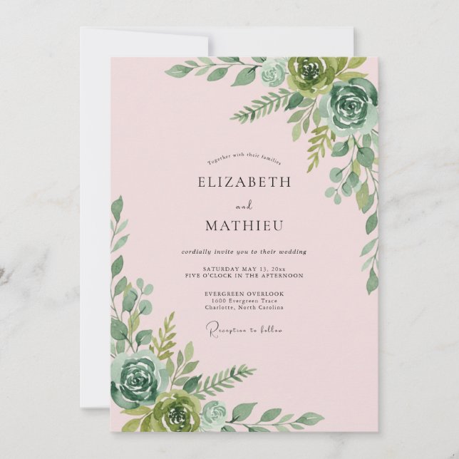 Invitation Mariage au eucalyptus succulent rose pâle et doux (Devant)