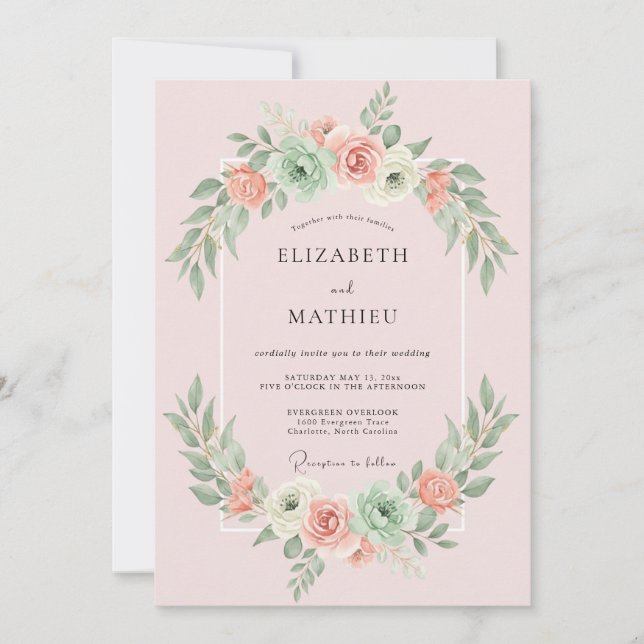 Invitation Mariage au eucalyptus succulent rose poudré (Devant)