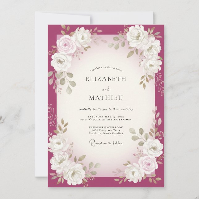 Invitation Mariage au feuillage blanc baie (Devant)