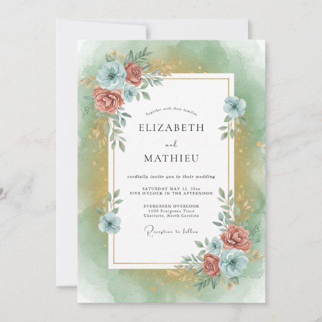Invitation Mariage au feuillage d'azur et de terre cuite Euca (Devant)