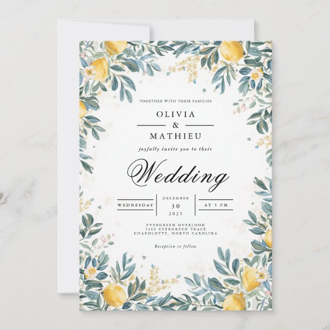 Invitation Mariage au feuillage de citron doré (Devant)