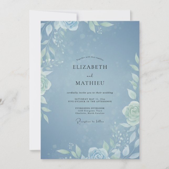 Invitation Mariage au feuillage de eucalyptus doux bleu poudr (Devant)