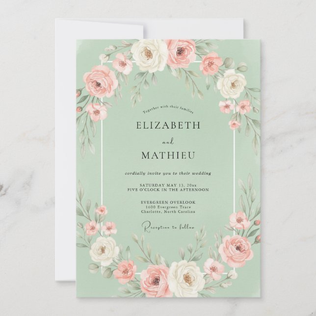 Invitation Mariage au feuillage de eucalyptus rose tendre men (Devant)