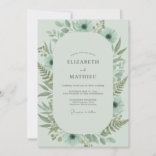 Invitation Mariage au feuillage de fougère céladon (Devant)