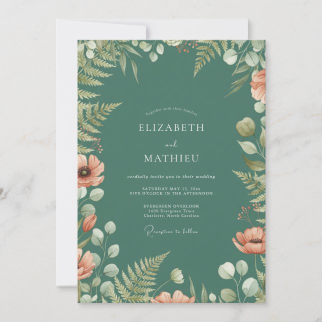 Invitation Mariage au feuillage de fougère de jade (Devant)
