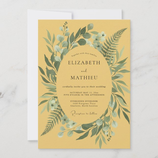 Invitation Mariage au feuillage de fougère moutarde (Devant)