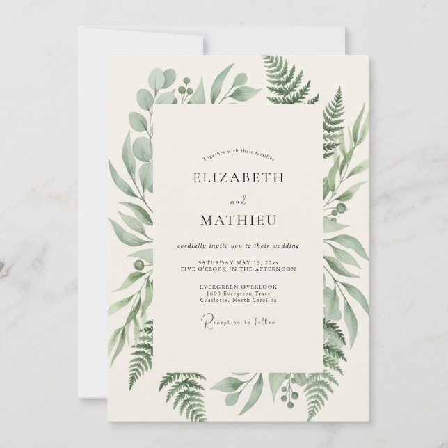 Invitation Mariage au feuillage de fougère olive (Devant)