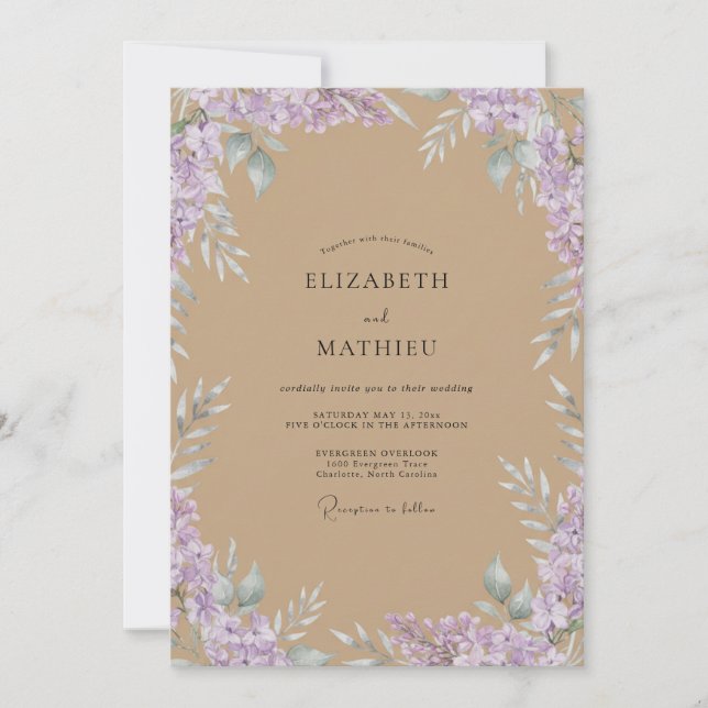 Invitation Mariage au feuillage de glycine chamois (Devant)