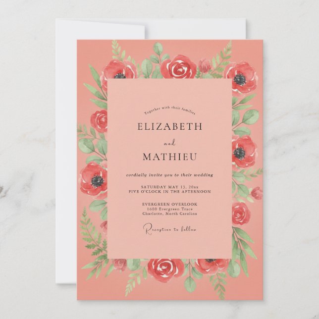 Invitation Mariage au feuillage de pavot corail (Devant)
