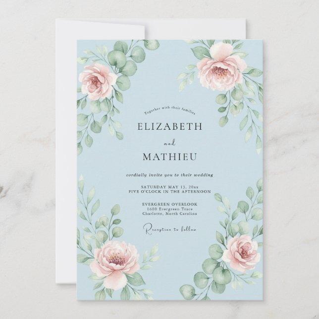 Invitation Mariage au feuillage de pétale céleste (Devant)