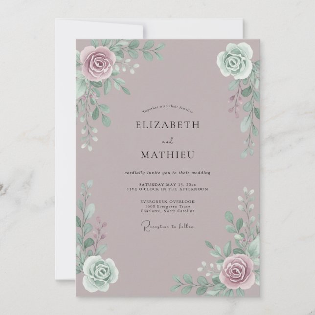 Invitation Mariage au feuillage de prune poussiéreux et eucal (Devant)
