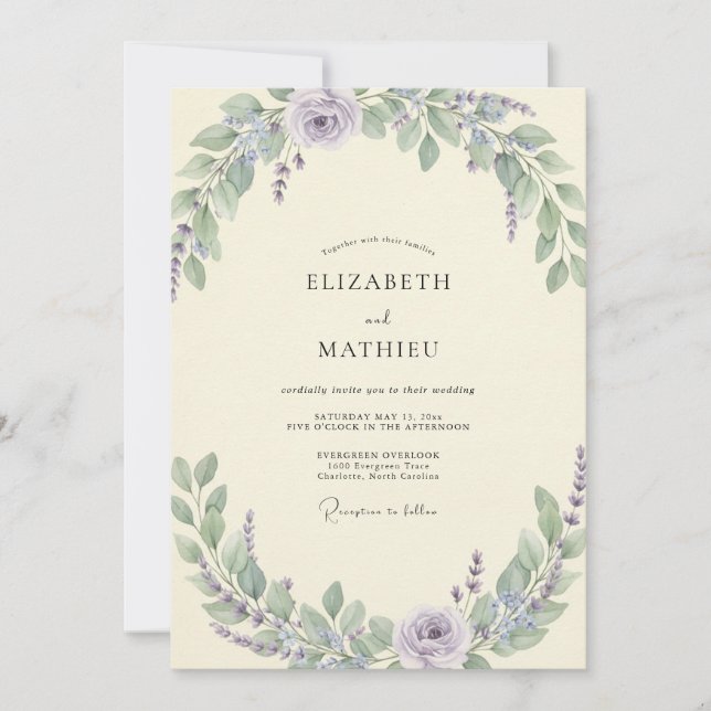 Invitation Mariage au feuillage de sauge lilas et eucalyptus (Devant)