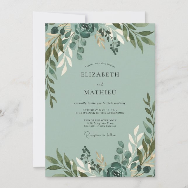 Invitation Mariage au feuillage de teck poussiéreux et eucaly (Devant)