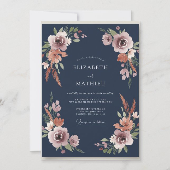 Invitation Mariage au feuillage de terracotta marine et eucal (Devant)