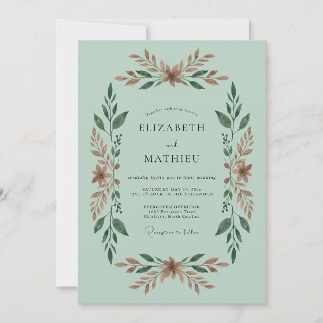 Invitation Mariage au feuillage délicat vert menthe (Devant)