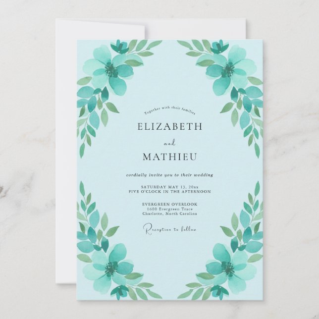 Invitation Mariage au feuillage d'eucalyptus Aqua (Devant)