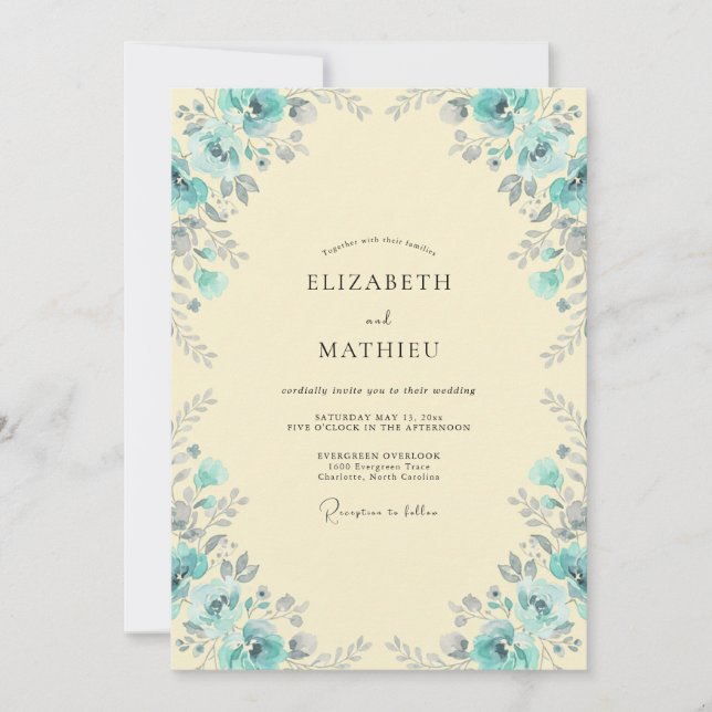 Invitation Mariage au feuillage d'eucalyptus Aqua Cream (Devant)