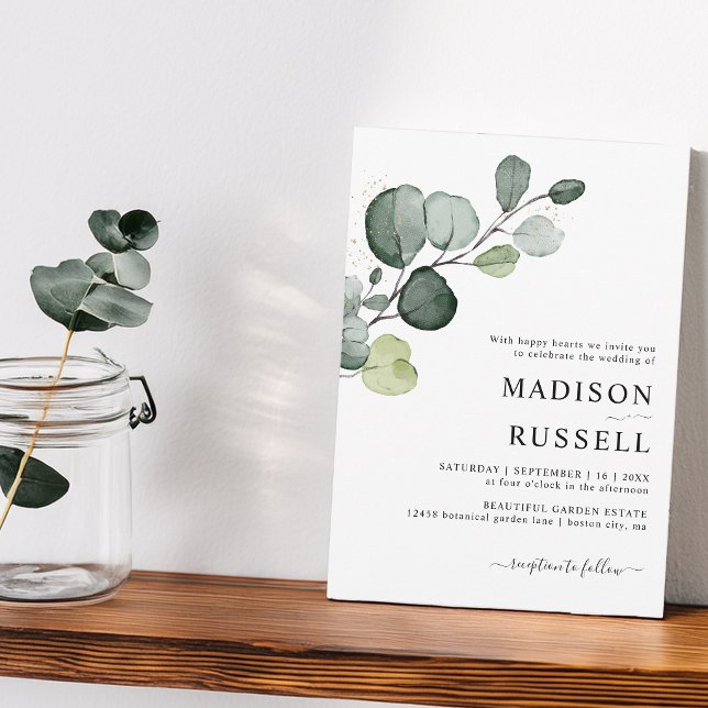 Invitation Mariage au feuillage d'eucalyptus avec éclaboussur (Eucalyptus Gold Splatter Greenery Wedding Invitation)