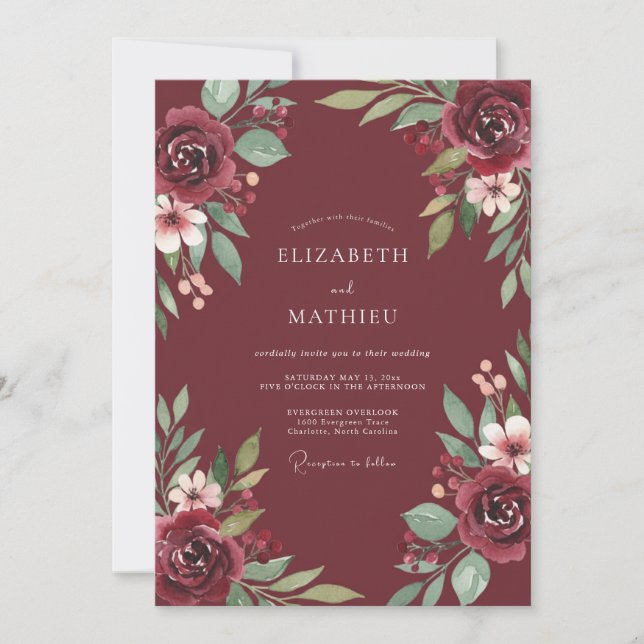Invitation Mariage au feuillage d'eucalyptus bordeaux (Devant)
