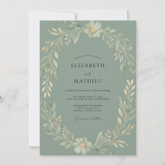 Invitation Mariage au feuillage d'eucalyptus céladon (Devant)