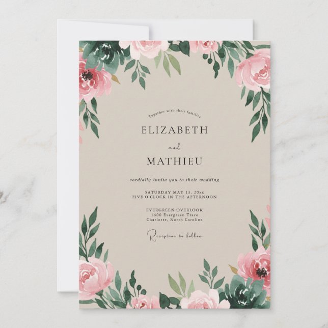 Invitation Mariage au feuillage d'eucalyptus champagne rose p (Devant)
