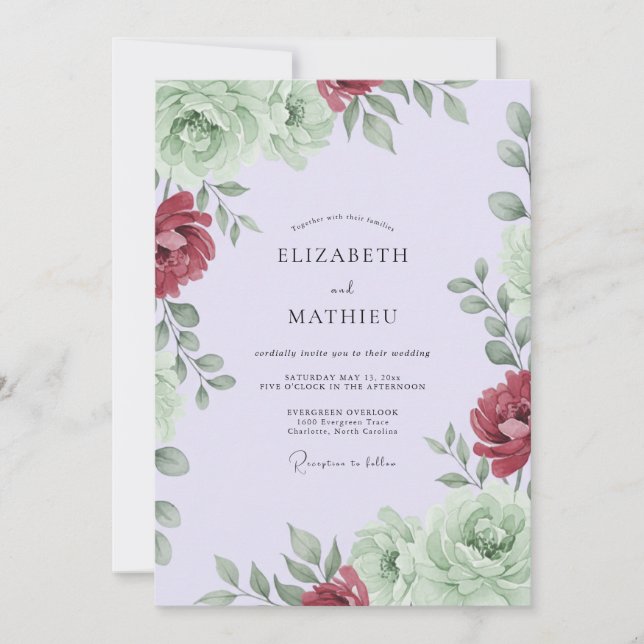 Invitation Mariage au feuillage d'eucalyptus de sauge cramois (Devant)