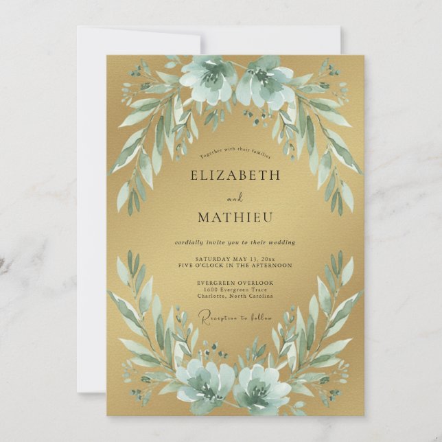 Invitation Mariage au feuillage d'eucalyptus écume de mer dor (Devant)