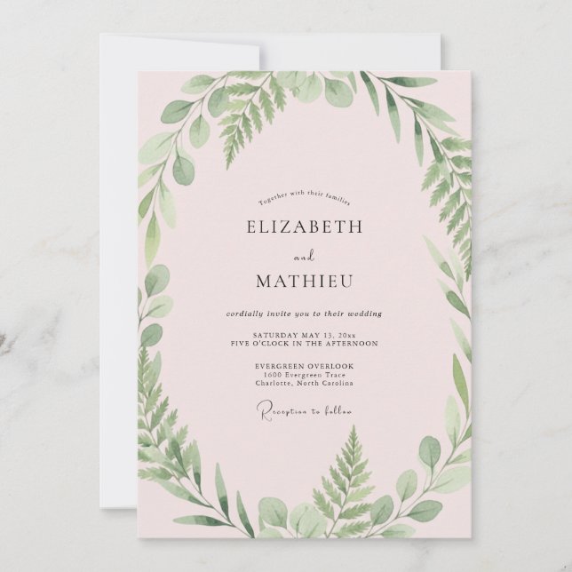 Invitation Mariage au feuillage d'eucalyptus et olive rose (Devant)