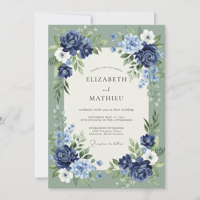 Invitation Mariage au feuillage d'eucalyptus Navy Azure (Devant)